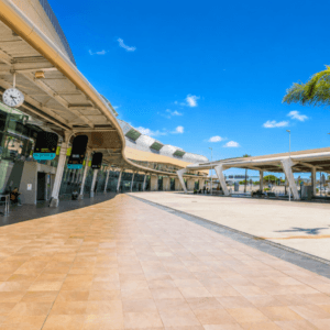 Modern exterior of Faro Airport terminal in the Algarve, Portugal