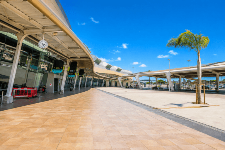 Modern exterior of Faro Airport terminal in the Algarve, Portugal